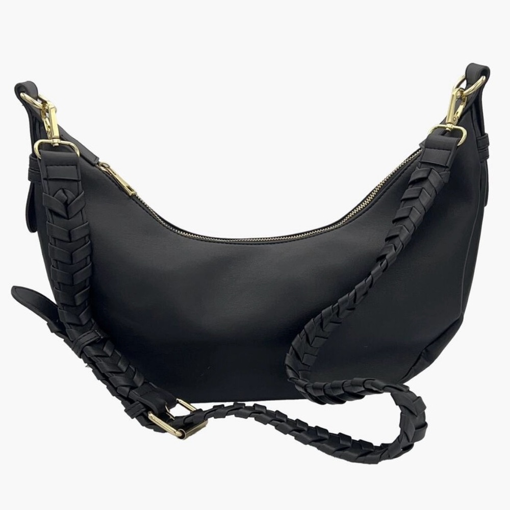 Sleek Black Women's Hobo Bag with Braided Strap